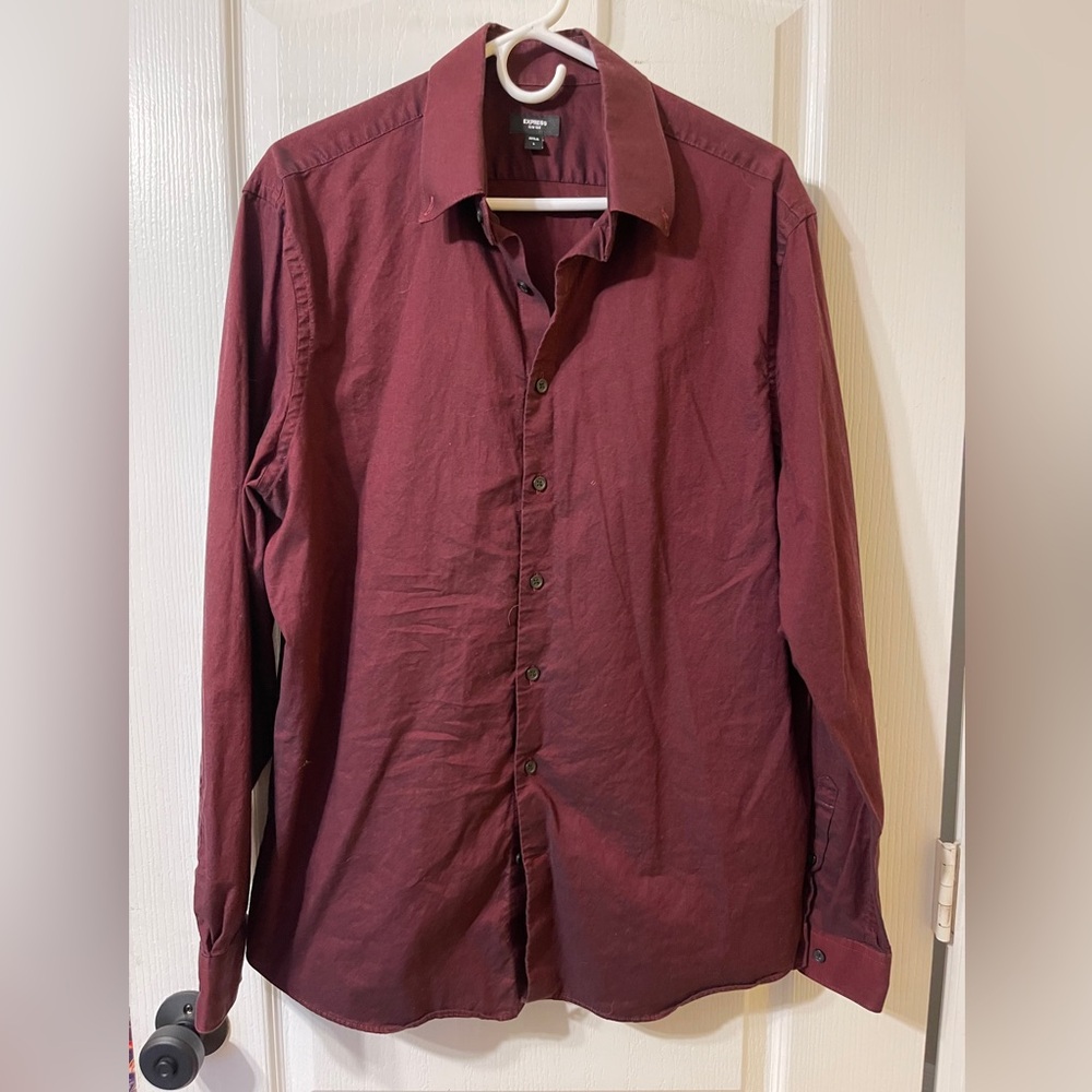 Express, buttoned, slim fit, size large, long sleeved shirt. Red/black
